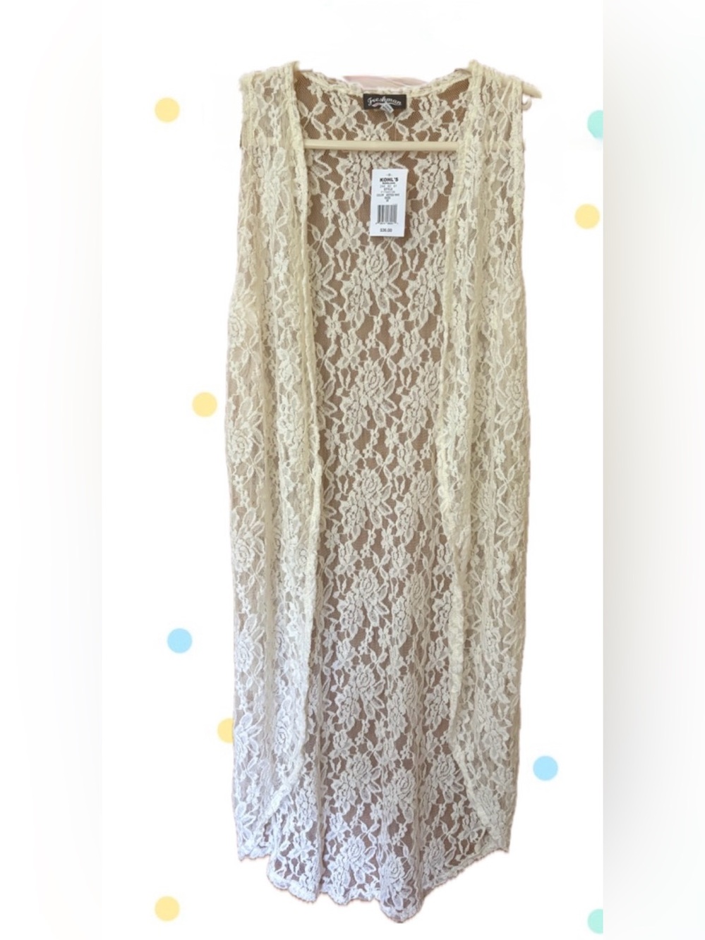 NWT Freshman Ivory Lace Duster Vest Cardigan Sleeveless Size M